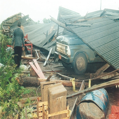 No dia 2 de julho de 2000 um forte temporal atingiu o município de Flores da Cunha. Árvores e placas caídas, casas destelhadas, falta de energia e interrupção das linhas telefônicas foi o cenário após a intempérie. Na foto, um galpão desabou sobre um caminhão na localidade de Santa Líbera.