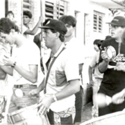 Charanga do Esporte Clube Cruzeiro de São Gotardo, na década de 1980. Entre eles: Carlos Curra, Roque Lavoratti, Rafael Salvador e Claudio Schiavenin. (Foto/arquivo Oscar Francescatto).