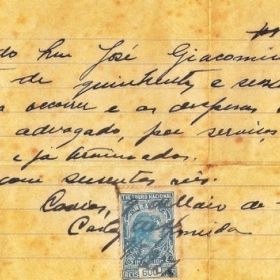 Acima, o recibo de confirmação de pagamento de um advogado caxiense pelos honorários prestados ao florense José Giacomin, em 9 de maio de 1927.