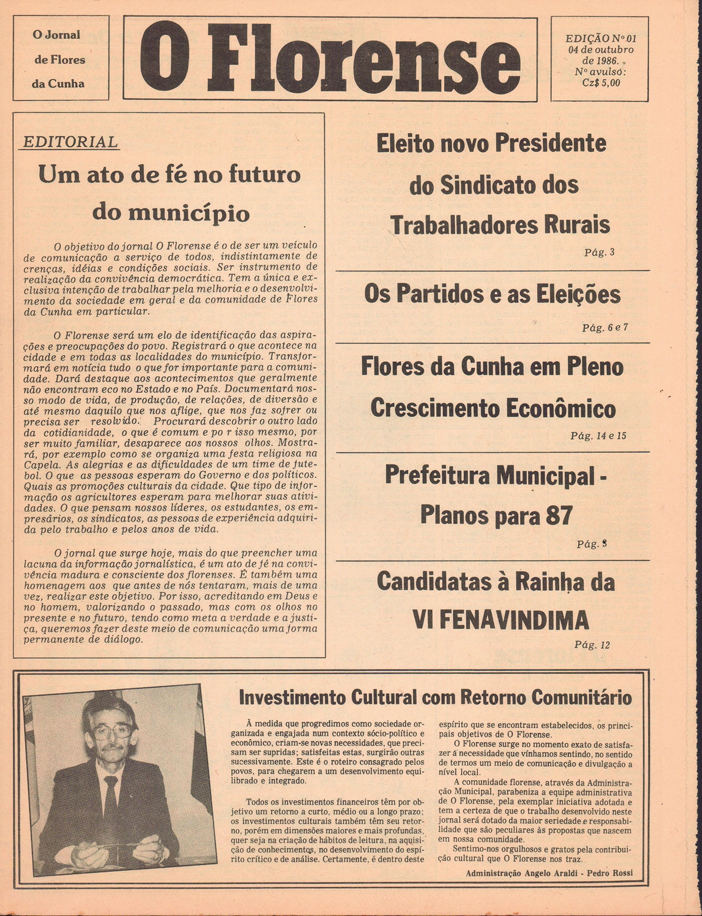 Capa da primeira edição do Jornal O Florense, do dia 4 de outubro de 1986. - Arquivo OF